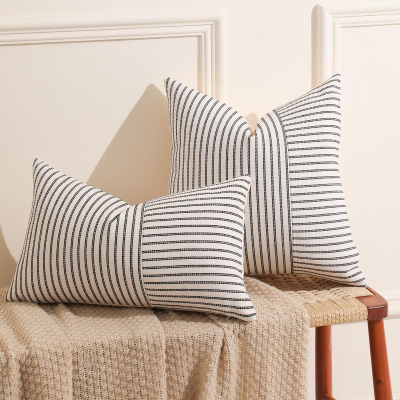 Hckot Black and Beige Patchwork Farmhouse Throw Pillow Covers 22 x 22 Inch  Pack of 2 Striped Linen Decorative Pillow Case for Sofa Couch Chair Bedroom Modern Decor (22"" x 22""  Black) - Image 3